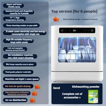 Portable Tabletop Dishwasher - Small Fully Automatic with 5 Cleaning Programs