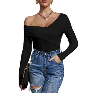 Uvog Women's Sexy Black Off The Shoulder Tops V Neck Slim Fit Ribbed Knit Wrap Blouse Shirt