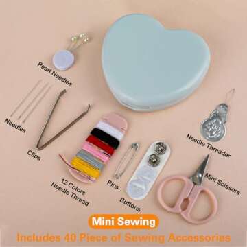 Cobee Sewing Kit, 2pcs Mini Sewing Kit for Travel Essentials Portable DIY Emergency Sewing Repair Supplies Heart Shaped Sewing Storage Case with Needles Buttons Wire Pins Thread Scissors(Blue, Pink)