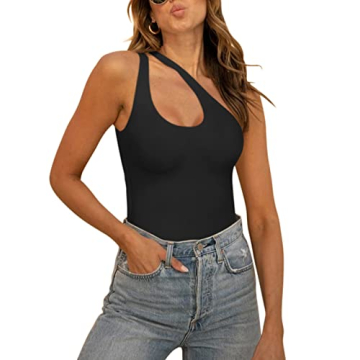 REORIA Women's Sexy One Shoulder Cutout Sleeveless Bodysuit Leotards Plus Size