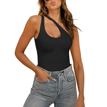 REORIA Women's Sexy One Shoulder Cutout Sleeveless Bodysuit Leotards Plus Size