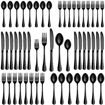 30 Pcs Black Silverware Set, Stainless Steel Flatware Set Service for 6, Mirror Polished Cutlery Ute...