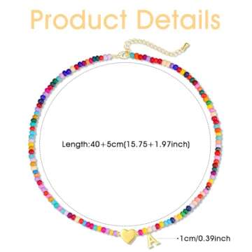 Initial Necklaces for Women Girls Teen Colorful Beaded Charm Letter Alphabet Choker Bohemian Gold Plated Pendant with Metal Y2K Boho Necklace valentines day gifts for her girlfriend wife(A)