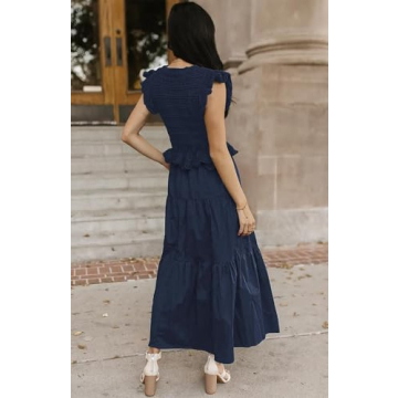 SAUKOLE Formal Dress for Women Fashion Elastic Waist with Ruffle for Wedding Guest Cocktail Party Dress Navy