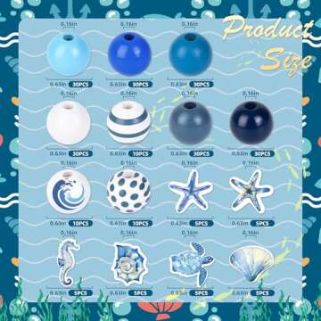 240 Pcs Ocean Wooden Beads Blue Wood Bead Summer Nautical Wood Craft Beads with Hole Starfish Seashe...