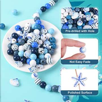 240 Pcs Ocean Wooden Beads Blue Wood Bead Summer Nautical Wood Craft Beads with Hole Starfish Seashell Conch Round Spacer Bubblegum Beads for Garland Jewelry Making Ocean Party Home Decoration