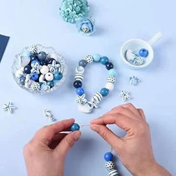 240 Pcs Ocean Wooden Beads Blue Wood Bead Summer Nautical Wood Craft Beads with Hole Starfish Seashell Conch Round Spacer Bubblegum Beads for Garland Jewelry Making Ocean Party Home Decoration