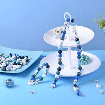 240 Pcs Ocean Wooden Beads Blue Wood Bead Summer Nautical Wood Craft Beads with Hole Starfish Seashell Conch Round Spacer Bubblegum Beads for Garland Jewelry Making Ocean Party Home Decoration