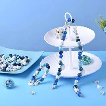 240 Pcs Ocean Wooden Beads Blue Wood Bead Summer Nautical Wood Craft Beads with Hole Starfish Seashell Conch Round Spacer Bubblegum Beads for Garland Jewelry Making Ocean Party Home Decoration