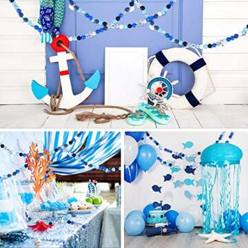 240 Pcs Ocean Wooden Beads Blue Wood Bead Summer Nautical Wood Craft Beads with Hole Starfish Seashell Conch Round Spacer Bubblegum Beads for Garland Jewelry Making Ocean Party Home Decoration