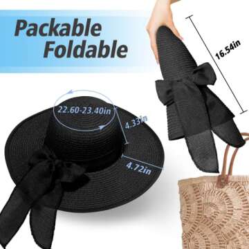 Women Straw Beach Sun Hat: Large Summer Floppy Sunhat with Wide Brim for Ladies - Foldable & Packable UV Protection UPF 50 Hat (Black)