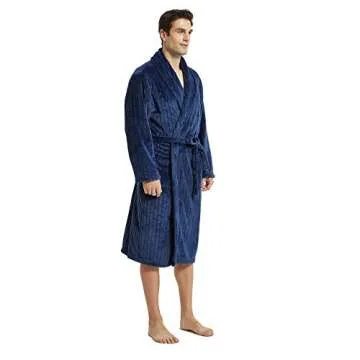 U2SKIIN Mens Plush Robe, Warm Fleece Robes for Men with Pockets Textured Mens Bathrobe Soft Sleepwear(Navy-Stripe, L/XL)