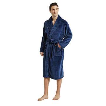 U2SKIIN Mens Plush Robe, Warm Fleece Robes for Men with Pockets Textured Mens Bathrobe Soft Sleepwear(Navy-Stripe, L/XL)