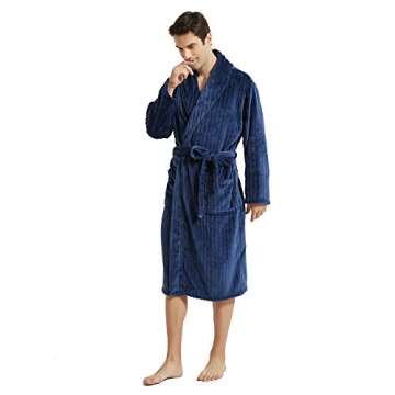 U2SKIIN Mens Plush Robe, Warm Fleece Robes for Men with Pockets Textured Mens Bathrobe Soft Sleepwear(Navy-Stripe, L/XL)