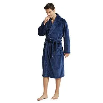 U2SKIIN Mens Plush Robe, Warm Fleece Robes for Men with Pockets Textured Mens Bathrobe Soft Sleepwear(Navy-Stripe, L/XL)