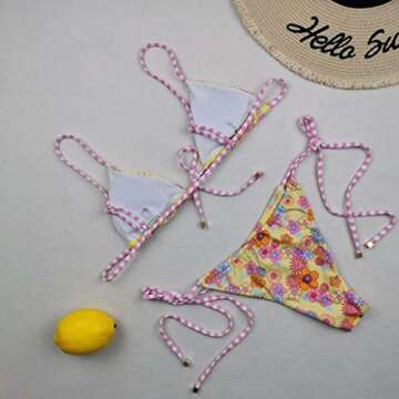 Sexy Floral Bikini Swimsuit Set for Women Swimwear Triangle Bathing Suit Tie Knot String Thong Mediu...