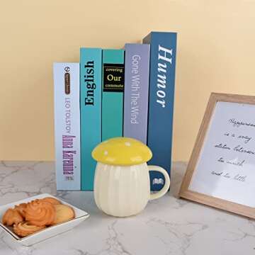 Koythin Ceramic Coffee Mug, Cute Creative Mushroom Cup with Lid Unique Irregular Design for Office and Home, Dishwasher and Microwave Safe, 10 oz/300 ml for Latte Tea Milk (10oz Yellow)