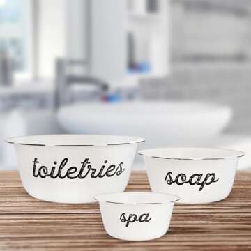 AuldHome Design Enamelware Spa Basin Set (Set of 3); White Rustic Farmhouse Decor Spa Bowls for Bath...