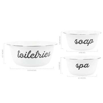 AuldHome Design Enamelware Spa Basin Set (Set of 3); White Rustic Farmhouse Decor Spa Bowls for Bathroom Storage and Home Decor