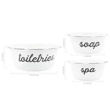 AuldHome Design Enamelware Spa Basin Set (Set of 3); White Rustic Farmhouse Decor Spa Bowls for Bathroom Storage and Home Decor