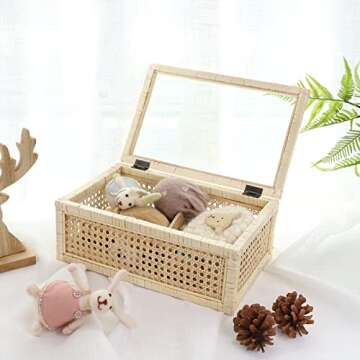 JJSQ Rattan Box with Glass Lid Rattan Woven Basket with Lid Decorative Display Wood Box for Storage ...