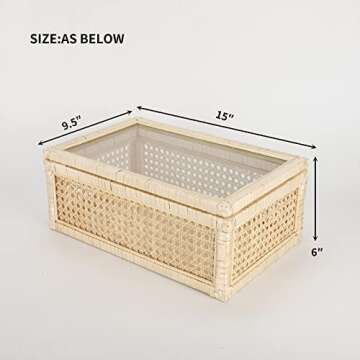 JJSQ Rattan Box with Glass Lid Rattan Woven Basket with Lid Decorative Display Wood Box for Storage Home Decor Rectangle 15" x 9.5" x 6"