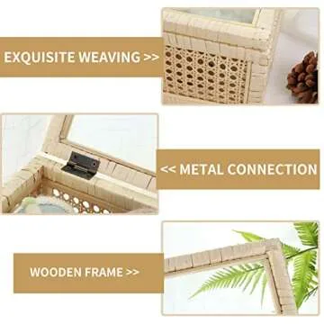 JJSQ Rattan Box with Glass Lid Rattan Woven Basket with Lid Decorative Display Wood Box for Storage Home Decor Rectangle 15" x 9.5" x 6"
