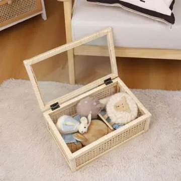 JJSQ Rattan Box with Glass Lid Rattan Woven Basket with Lid Decorative Display Wood Box for Storage Home Decor Rectangle 15" x 9.5" x 6"