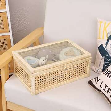 JJSQ Rattan Box with Glass Lid Rattan Woven Basket with Lid Decorative Display Wood Box for Storage Home Decor Rectangle 15" x 9.5" x 6"