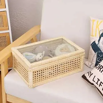 JJSQ Rattan Box with Glass Lid Rattan Woven Basket with Lid Decorative Display Wood Box for Storage Home Decor Rectangle 15" x 9.5" x 6"