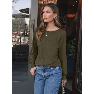 AUTOMET Womens Fall Fashion Long Sleeve Shirts Fall Tops Pleated Shirts Casual Loose Dressy Basic Tr...