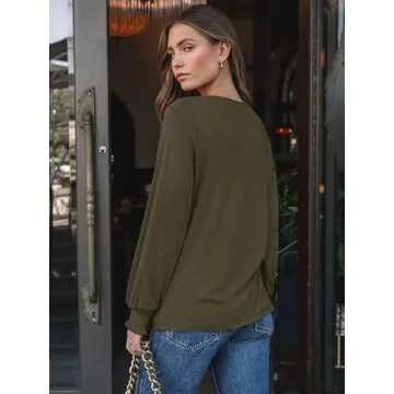 AUTOMET Womens Fall Fashion Long Sleeve Shirts Fall Tops Pleated Shirts Casual Loose Dressy Basic Trendy Clothes 2024 Army Green L