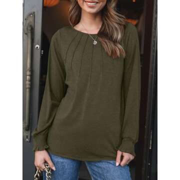 AUTOMET Womens Fall Fashion Long Sleeve Shirts Fall Tops Pleated Shirts Casual Loose Dressy Basic Trendy Clothes 2024 Army Green L