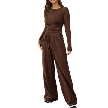 LICOBOD Asymmetrical 2 piece lounge set women long sleeve travel Outfits Comfy Loungewear Wide Leg Pants Casual Tracksuit