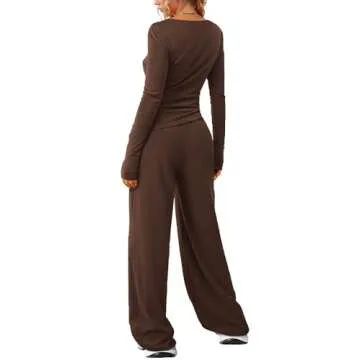 LICOBOD Asymmetrical 2 piece lounge set women long sleeve travel Outfits Comfy Loungewear Wide Leg Pants Casual Tracksuit