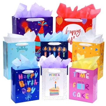8 Pack Birthday Gift Bags Assorted Sizes (2 Extra Large 15", 3 Large 13",3 Medium 9"), Birthday Gift...