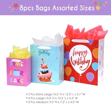 8 Pack Birthday Gift Bags Assorted Sizes (2 Extra Large 15", 3 Large 13",3 Medium 9"), Birthday Gift Bags with Ribbon Handle and Tissue Paper,Reusable and Perfect For Birthday Gift Wrapping Present