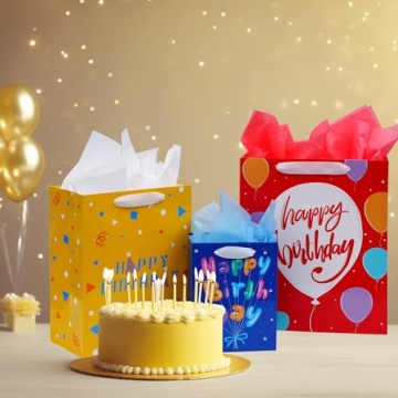8 Pack Birthday Gift Bags Assorted Sizes (2 Extra Large 15", 3 Large 13",3 Medium 9"), Birthday Gift Bags with Ribbon Handle and Tissue Paper,Reusable and Perfect For Birthday Gift Wrapping Present