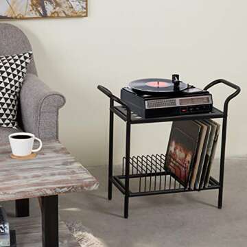 MyGift Modern Matte Black Metal Record Player Stand with Vinyl Storage Organizer