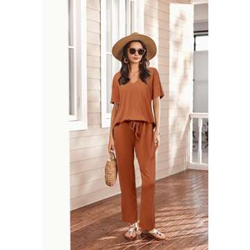 Ekouaer Lounge Sets for Women Short Sleeve Top and Long Pants Ribbed Knit Pajama Set 2 Piece PJ Sets...