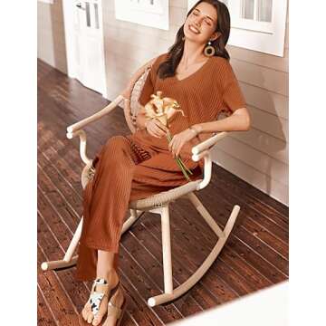 Ekouaer Lounge Sets for Women Short Sleeve Top and Long Pants Ribbed Knit Pajama Set 2 Piece PJ Sets Outfits Brick Red