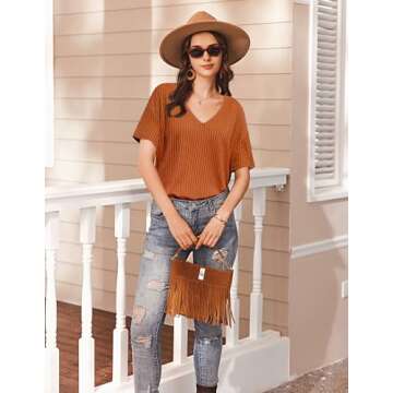 Ekouaer Lounge Sets for Women Short Sleeve Top and Long Pants Ribbed Knit Pajama Set 2 Piece PJ Sets Outfits Brick Red