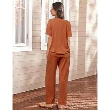 Ekouaer Lounge Sets for Women Short Sleeve Top and Long Pants Ribbed Knit Pajama Set 2 Piece PJ Sets Outfits Brick Red