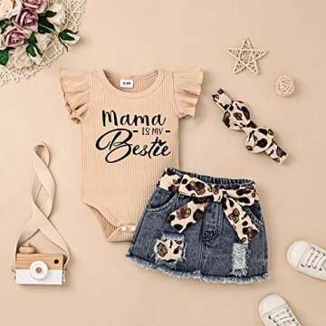 CETEPY 3-6 Months Baby Girl Clothes Newborn Romper Ruffle Sleeve Short Jeans Skirt with Headband Infant Outfits Set Sunflower Leopard 3-6 Months