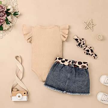 CETEPY 3-6 Months Baby Girl Clothes Newborn Romper Ruffle Sleeve Short Jeans Skirt with Headband Infant Outfits Set Sunflower Leopard 3-6 Months