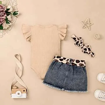 CETEPY 3-6 Months Baby Girl Clothes Newborn Romper Ruffle Sleeve Short Jeans Skirt with Headband Infant Outfits Set Sunflower Leopard 3-6 Months