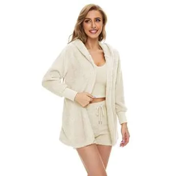 HRESSLBD Women's Fuzzy 3-Piece Lounge Sets Tank Tops Cardigan Shorts Fleece Pajamas Set, Cozy 3 Piece Fuzzy Fleece Warm Outfits for Women (Cream White, S)