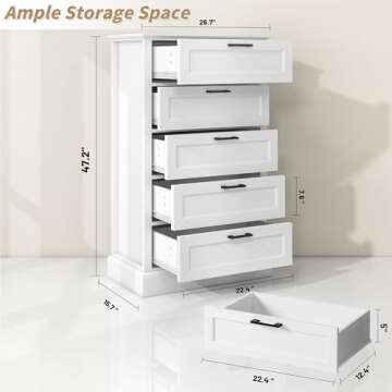 White Dresser with 5 Drawers, Vertical Storage Dresser for Bedroom, Wood Tall Dresser for Hallway, W...