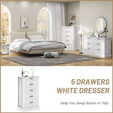 White Dresser with 5 Drawers, Vertical Storage Dresser for Bedroom, Wood Tall Dresser for Hallway, Wooden Tall Chest of Drawers for Entryway, Nursery, Lingerie Chest Drawer, Modern Farmhouse Style