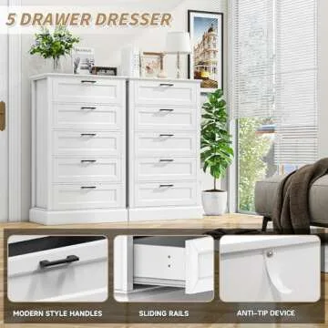 White Dresser with 5 Drawers, Vertical Storage Dresser for Bedroom, Wood Tall Dresser for Hallway, Wooden Tall Chest of Drawers for Entryway, Nursery, Lingerie Chest Drawer, Modern Farmhouse Style